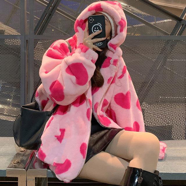 Harajuku Hearts Faux Fur Hoodie Hoodie Tokyo Dreams Pink L 
