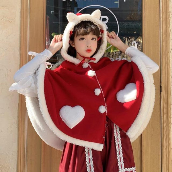 Fox Ears Kawaii Heart Cloak (Red, Pink, Blue) Hoodie Tokyo Dreams Outside US Red One Size