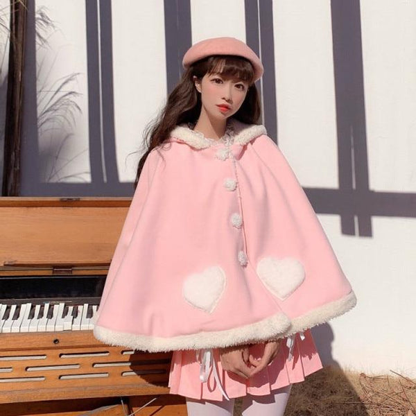 Fox Ears Kawaii Heart Cloak (Red, Pink, Blue) Hoodie Tokyo Dreams Outside US Pink One Size