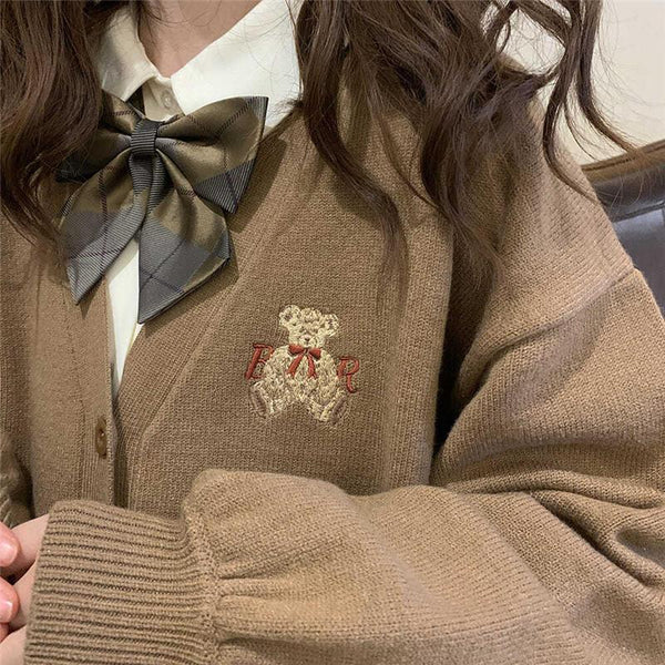 Embroidered Bear Kawaii Cardigan (Brown, Beige, Blue) Cardigan Tokyo Dreams 