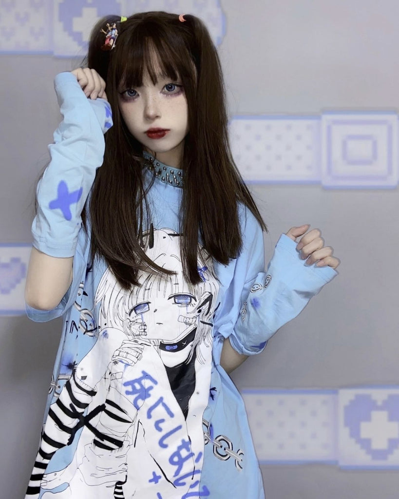 Menhera Goth Anime Oversized T-Shirt Top Kei Harajuku