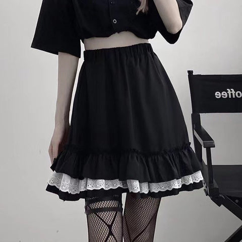 Gothic Lace Ruffled Skirt (Black, White) Skirt Tokyo Dreams 
