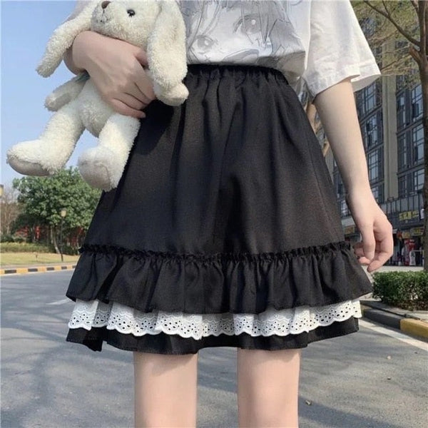 Gothic Lace Ruffled Skirt (Black, White) Skirt Tokyo Dreams black One Size 