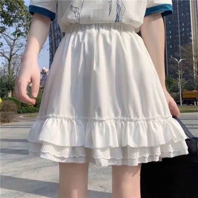 Gothic Lace Ruffled Skirt (Black, White) Skirt Tokyo Dreams white One Size 