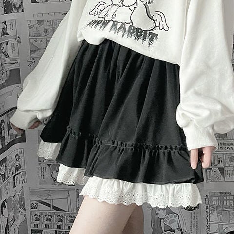 Lolita Girl Japanese Lace Skirt (Black, White) Skirt Tokyo Dreams black L 
