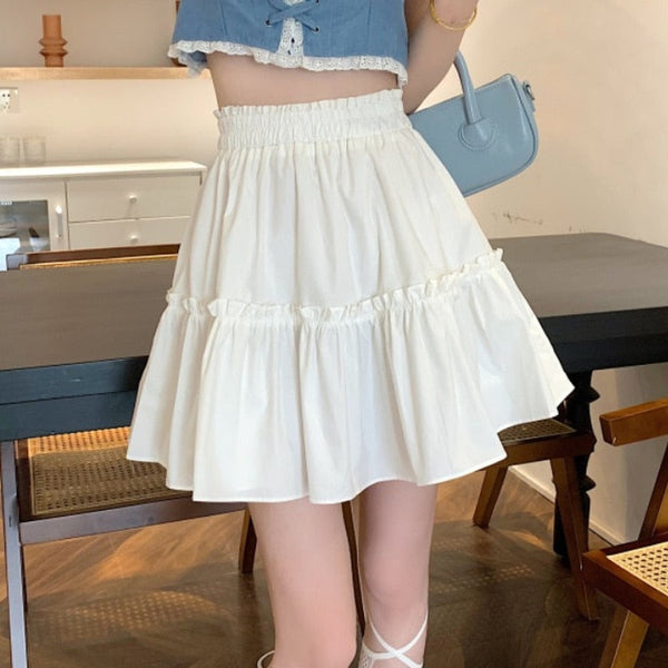 Kawaii Classic Ruffled High Waist Skirt (Black, White) Skirt Tokyo Dreams White XL 