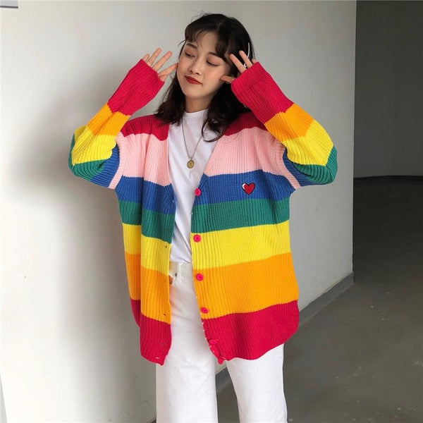 Rainbow Striped Oversized Cardigan - Tokyo Dreams