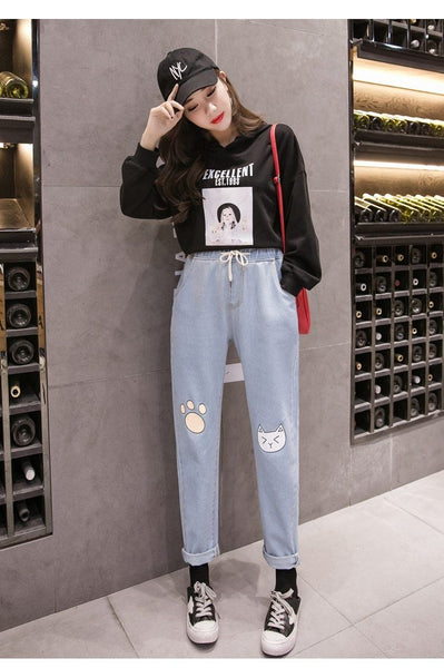 "Kitty Paw" High Waist Jeans - Tokyo Dreams